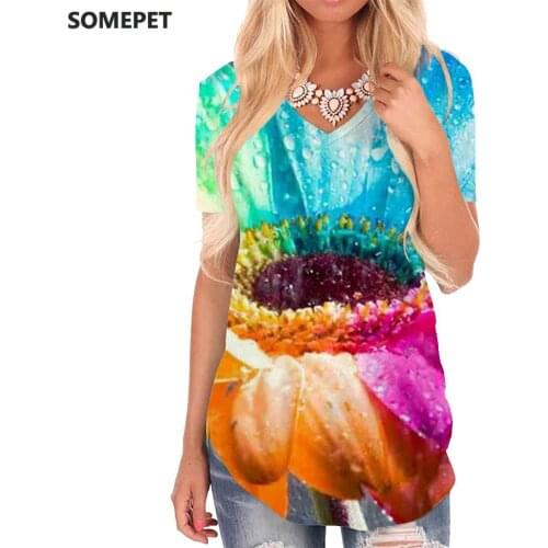 SOMEPET Sunflower T Shirt Women Colorful Funny T shirts Raindrop T-shirts 3d Romantic V-neck Tshirt Womens Clothing Fashion Cool