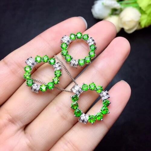 Natural green diopside gem earrings Pendant Natural Gemstone Jewelry Set 925 Silver luxurious round Women girl party jewelry