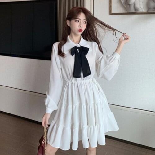 Sweet style autumn bow turn-down collar long sleeve dress woman black ulzzang fashion brand Korean white a-line dresses new