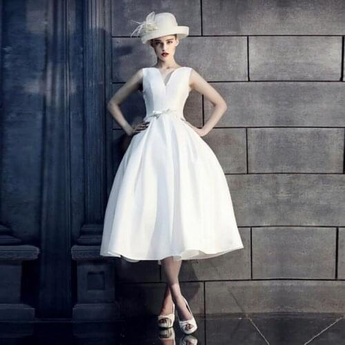 Sweety Bridal Tea-Length Wedding Dress V-Neck Satin Sashes Lace-Up Beaitifu Girl Bridal Gowns Sleeveless Bridal dress