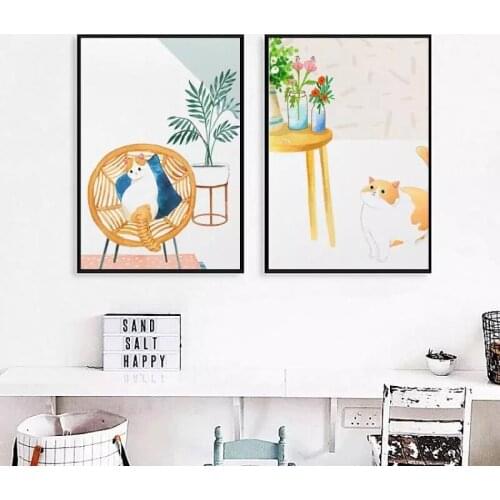 Minimalist Cartoon Illustration Poster Cute Nordic Style Cozy Cat Canvas Painting Wall Art Frameless Decorative Pictures