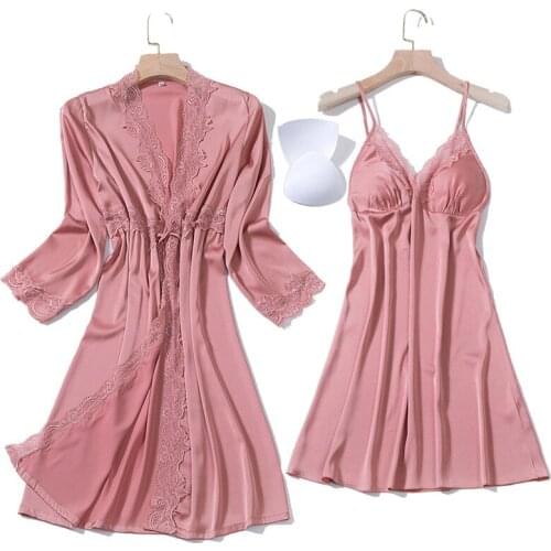 Fashion Women Satin Silk Robe Gown Set Hot Sexy Lace Nightgowns Women Sleepwear Dress Woman Pajamas Bathrobe Female