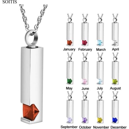 SOITIS With 12 Kinds Zircon Decorating Birthstone Cremation Necklace for Ashes Customize Fillable Pendant Keepsake Urn Necklace