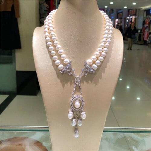 Hot sell natural 2rows 9-10mm white freshwater pearl micro inlay zircon necklace 17-18inch luxury jewelry