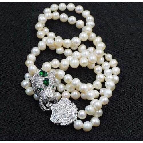 2rows freshwater pearl white near round 8-9mm +green leopard clasp 17-19inch necklace wholesale