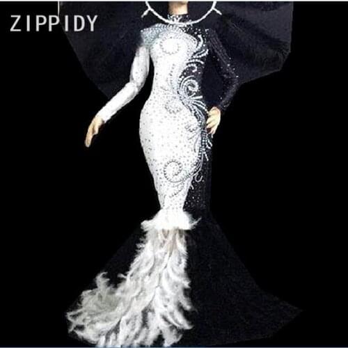 Black White Feather Pearls Dress Stretch Stones Clothes Womens Birthday Show Dress Nightclub Female Singer Dance Long Dress