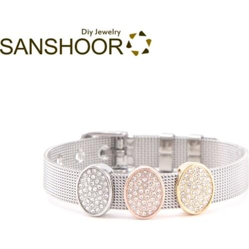 SANSHOOR Full Crystal Oval Keeper Slide Charms Fit 10mm Wide Wrapped Leather Bracelet For Women Valentines Day Gifts 3Pcs