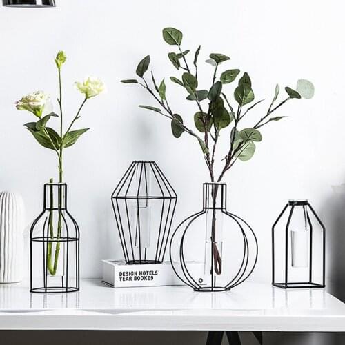 Nordic Minimalist Metal Vases Glass Hydroponic Plant Container Decoration Ornaments Home Decor Fake Flower Arrangement Vase