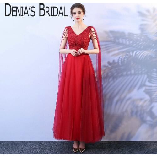 2018 Red A-Line Evening dress V-Neck Sleeveless Top Beaded Pearls Sashes With Belt Ankle Length Prom Gowns
