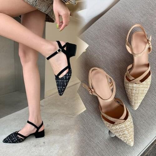 YQBTDL Chunky Square Heels Beige Black Plaid Pointed Toe Woman Sandals 2020 Summer Cross Strap Leisure Womans Block Heel Shoes