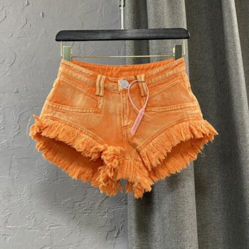 Orange Denim Shorts for Women Summer Streetwear 2021 New Korean Fashion Slimming Ripped Tassel Edge Short Femme Nancylim