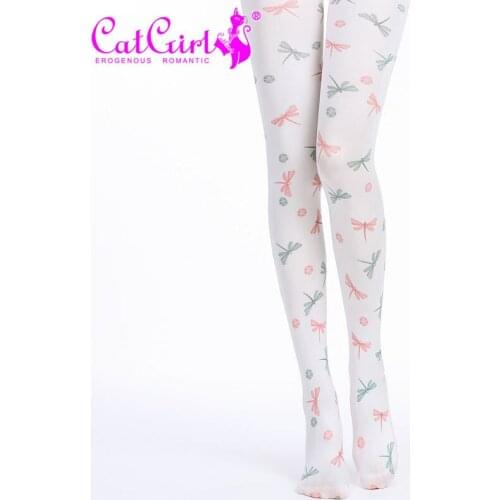RUIN Womens tights Womens Pantyhose Dragonfly Printed White Tights Girls Tights