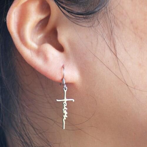 Everfast 1Pair Faith Cross Stainless Steel Ear Hook Belief Studs Kids Girl Minimalist Earring Jewelry Christmas Gift