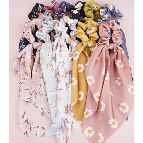 1Pc New Daisy Ribbon Bow Hair Ropes Bohemian Hair Ring Floral Printed Elegant Elastic Scrunchie Female Ponytail Holder Headdress