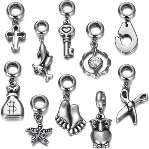 2pcs Stainless Steel 5.5mm Hole Patterned Dangle Beads Spacer Slide Charms for Chain Bracelets DIY Jewelry Making Accessories