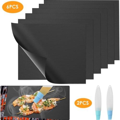 6pcs Grill Mat Non-Stick Grill Mat Heat-Resistant Grill Mats Two Oil Brush For Barbecue Vegetable Bacon Fish Kabob Dropshipping