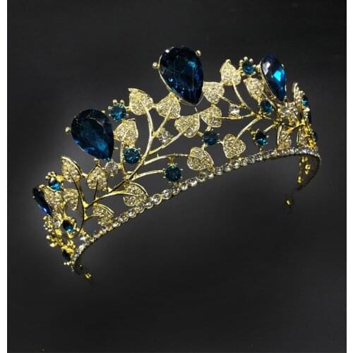 Baroque Tiaras and Crowns Blue Rhinestone Headbands for Bride Wedding Hair Ornaments Gold Color Metal Headpieces for Women Girls