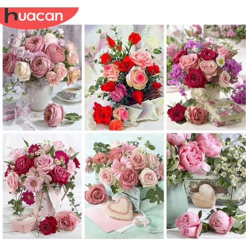 HUACAN 5d Diamond Painting Rose Mosaic Vase DIY Diamond Embroidery Flower Rhinestones Pictures Home Decor