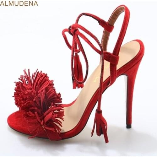 ALMUDENA Women Red Sude Stiletto Heel Sandals Lace-up Fluffy Gladiator Sandal Shoes Graceful Fringe Dress Pumps Wedding Shoes