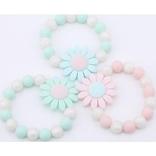 BPA Free Baby Bracelet Teether Crochet Chew Sunflower Shaped Jewelry Teething For Baby Silicone Beads Baby Rattle Stroller Toys