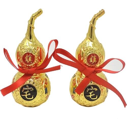 Feng Shui Treasure of Town House A Pair of Golden Gourd Wu Lou/Hulu Statue for Fortune Longevity Wealth W4606-Gold