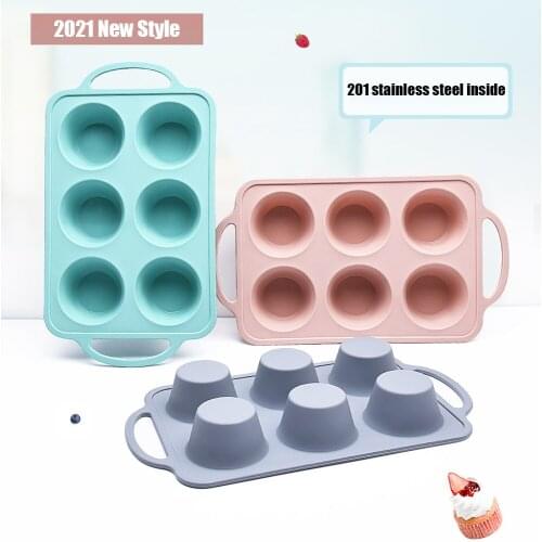 6 Grid Silicone Muffin Cupcake Mold Non Stick Baking Pan Tray With Handle 201 Stainless Steel Cake Round Mould Dessert Bakeware