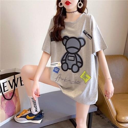 Cotton Bear T-shirt Round Neck Loose Korean Style Mid-length Blouse Womens Summer New Short-sleeved Inner Base Shirt