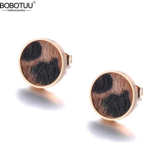 BOBOTUU Leopard Print Horse Hair Pasted Round Stud Earrings Rose Gold Stainless Steel Earrings Jewelry For Women Girls BE19022