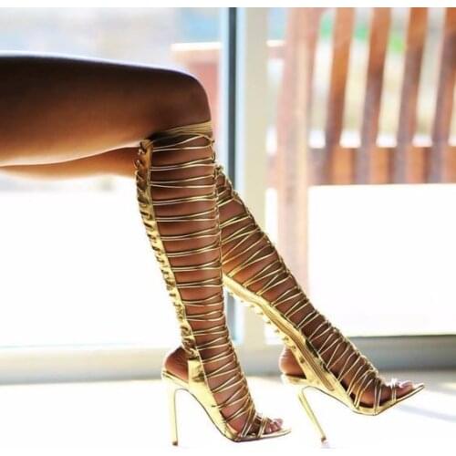 Summer Gold Leather Lace Up Strappy Gladiator Sandals Overknee Boots Knee High Heel Slingbacks Sexy Night Dancing Shoes Woman