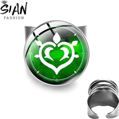 Trendy Anime Genshin Impact Open Ring Glass Cabochon Water Wind Thunder Fire Rock Ice Element Rings for Unisex Jewelry Gifts