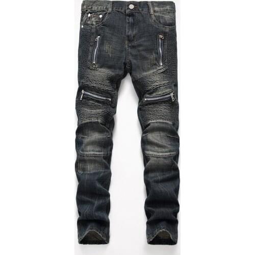 Fashion Patchwork Male Denim Trousers Trendy Straight Leg Mens Stacked Jeans Punk Vintage Biker Zipper Pocket Motorcycle Pants