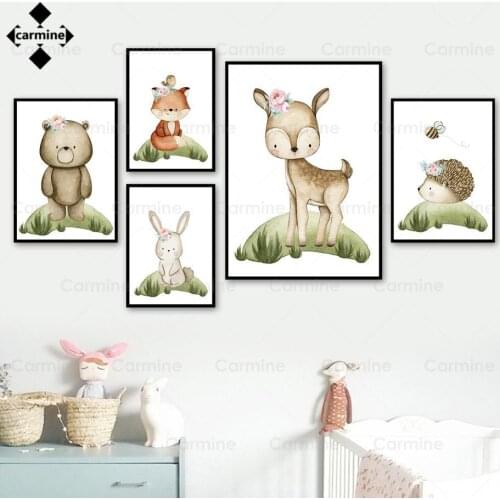 Cartoon Wall Art Picture Raccoon Bear Rabbit Hedgehog Bee Painting Nordic Flowers Print Poster Wall Pictures for Kids Room Decor