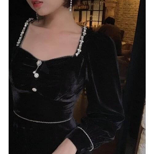 2021 Autumn Vintage Velvet Black Midi Dress Women Casual Long Sleeve Elegant Evening Party Dress Female One Piece Dress Korean