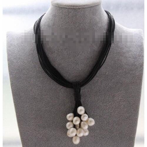 Choker 16" 15row 12mm white pearls Black leather Pendant necklace
