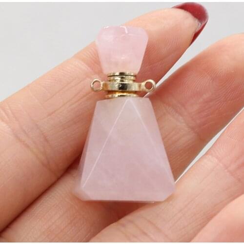 Natural Rose Quartzs Perfume Bottle Pendants Polygon Essential Oil Diffuser Pendant Charms for Jewelry Necklace Making 18x33mm