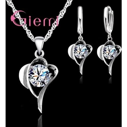 Romantic Zircon Jewelry Sets Pure 925 Sterling Silver CZ Heart Shaped Pendant Necklace Hoop Earrings Set