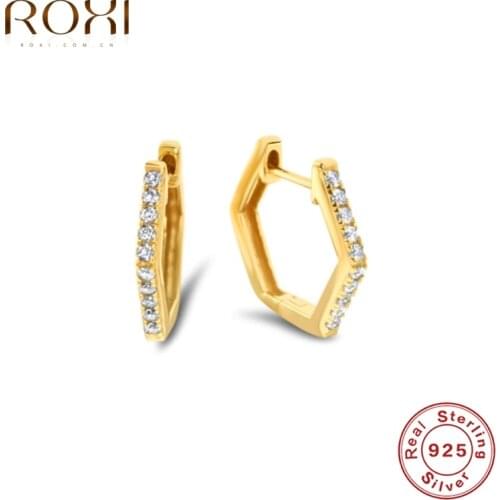 ROXI Asymmetry Hexagon Crystals Hoop Earrings for Women Jewelry Ins Huggie Earrings 925 Sterling Silver Geometry Ear Buckles