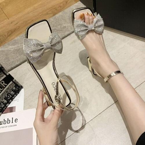 Sandals Women New Rhinestone Bowknot Thick Heel Slippers Slides Elegant Fish Mouth High Heels Female Luxury Summer Casual Shoes