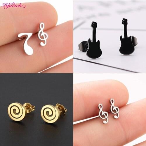 Hfarich Tiny Music Note Stud Earrings Women Stainless Steel Swirl Musical Guitar Earrings Rock Jewelry Gift for Girls bijoux