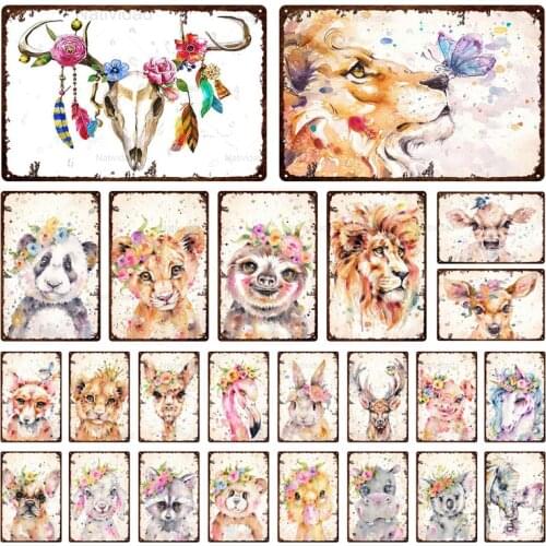 Vintage Tin Signs Flower Animals Metal Sign Plaque Cute Rabbit Deer Wall Zoo Pub Cafe Home Farm Art Room Wall Decoration 3Cda-30