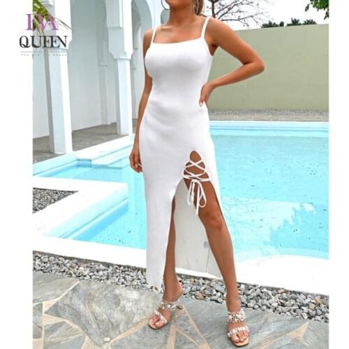 EvaQueen Knitting Solid White Midi Dress Women Ruched Lace Up Casual Bodycon Dresses High Split Slim Sexy Party Summer Vestidos