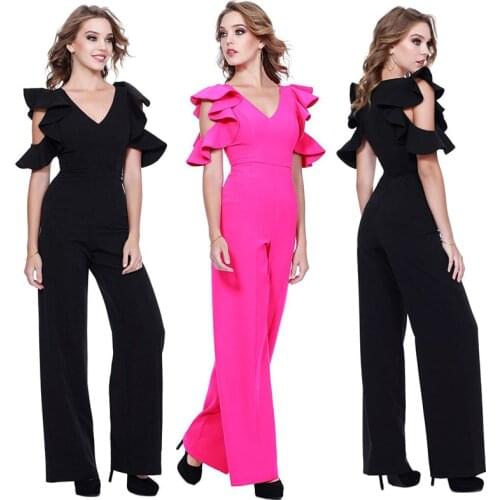 Summer Womens trousers new style 2021 deep v-neck ruffle women jumpsuit black rose red slim fashion female jumpsuits
