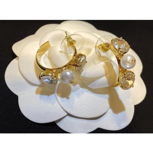 Cubic Zircon C Shape Pearl Earring Simple Line Retro Flowers Temperament Baroque Metal For Women Jewelry Dropshipping