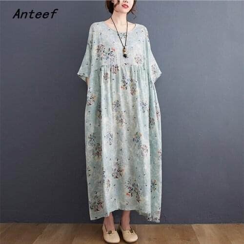 Short sleeve cotton vintage floral dresses for women casual loose long woman summer dress elegant clothes 2021