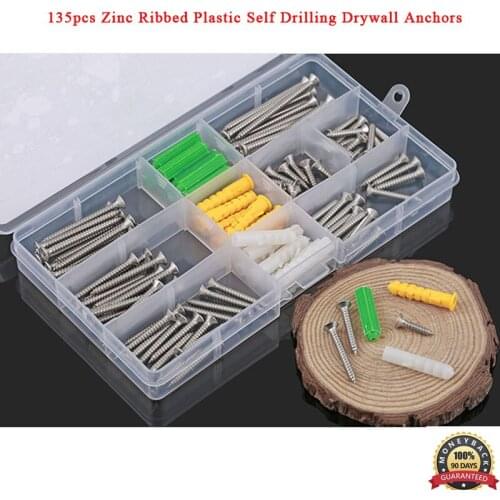 135pcs Zinc and Ribbed Plastic Self Drilling Drywall Anchors with Phillips Pan Head Self Tapping Screws Assortment Kit for Dryw