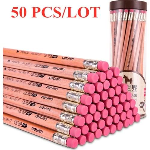 50 pcs Student Writing Pencil with Eraser Rubber Head Exam Art Painting Sketch Pencil Safety Log 2B/HB Hexagon Rod