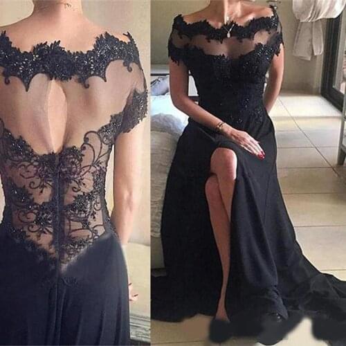 Arabic Black Lace Mother of the Bride Dresses Off the Shhoulder Sheer Neck Short Sleeves Prom Dresses Front Split Women Formal E
