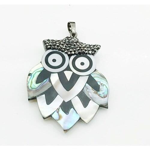Paving Glowing Black Rhinestone Jewelry Series with Owl Abalone Shell Sea Shell Pendant Necklace