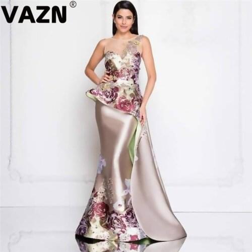 VAZN Formal Floral Print Mermaild Dress Sleeveless Slim Shinny Dress Night Party Sexy Club Casual Vestidos