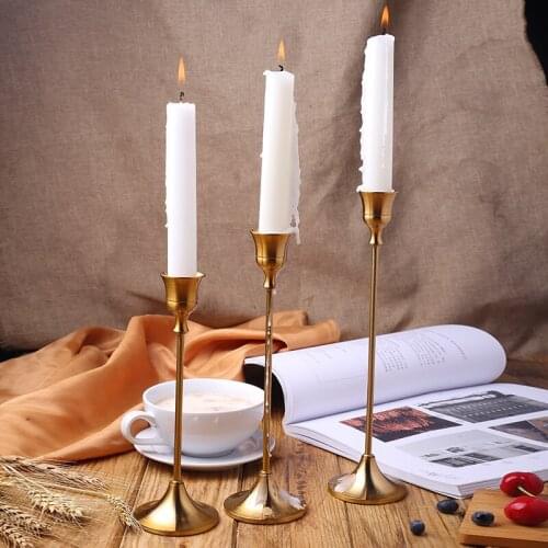 Elegant Tabletop Copper Stick Candle Holder Europeam Simple Flat Surface Home Decor Metal Desk Center Pieces Small Middle Large